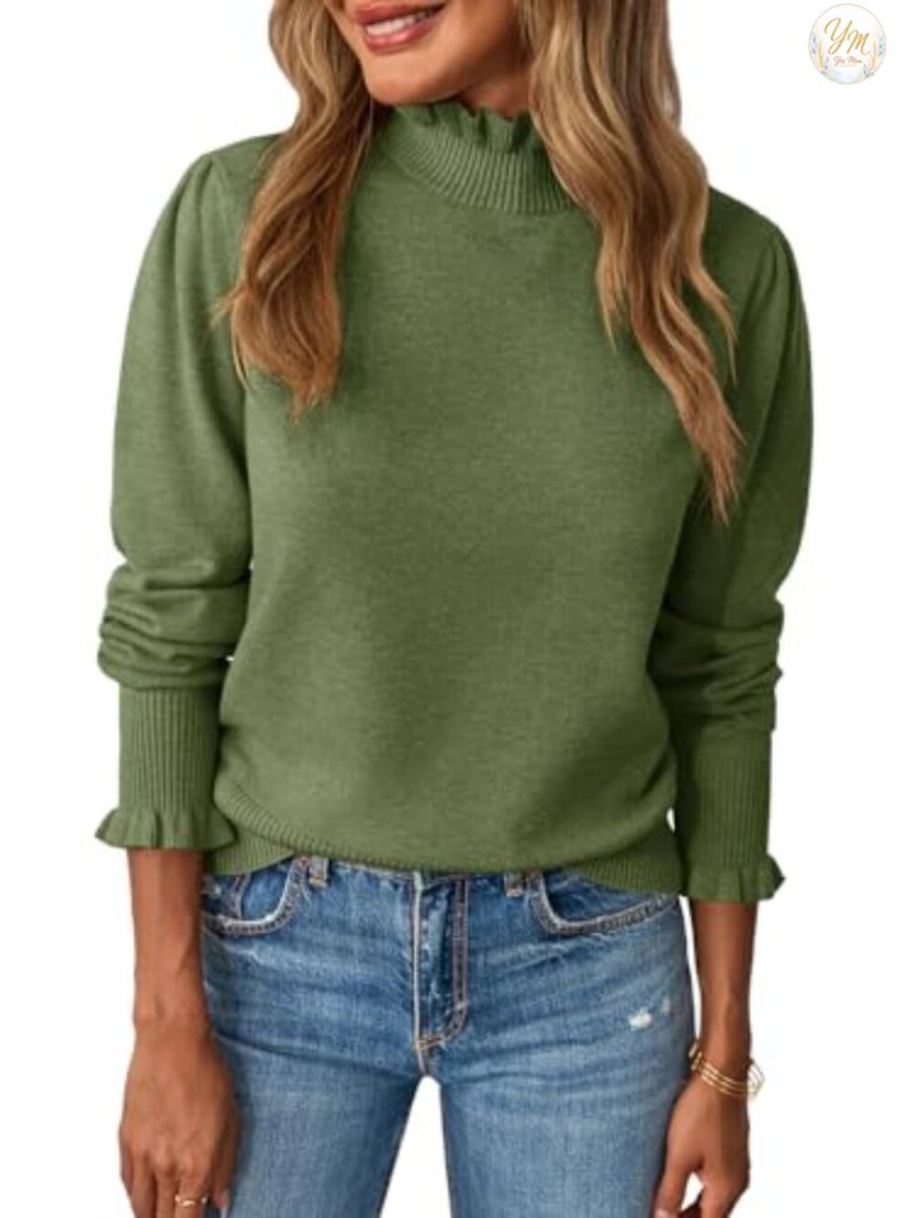 Womens Ruffle Mock Neck Puff Sleeve Knit Pullover Sweater Top